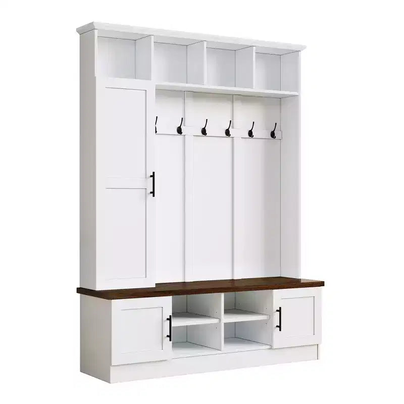 Whisen Attaccapanni Versatile 3-in-1 con 6 Ganci, Panchina Contenitore Rustica Noce con Ripiani Regolabili