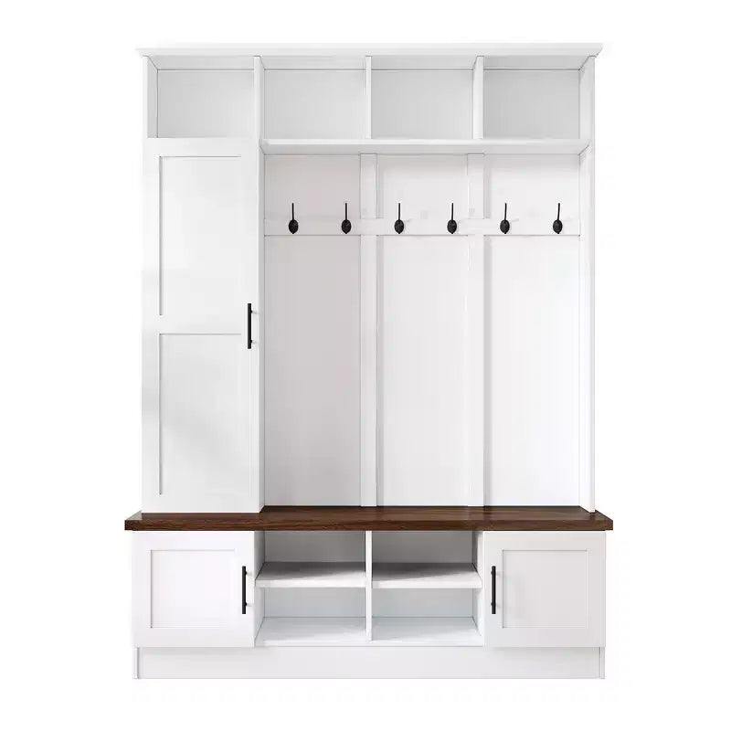 Whisen Attaccapanni Versatile 3-in-1 con 6 Ganci, Panchina Contenitore Rustica Noce con Ripiani Regolabili