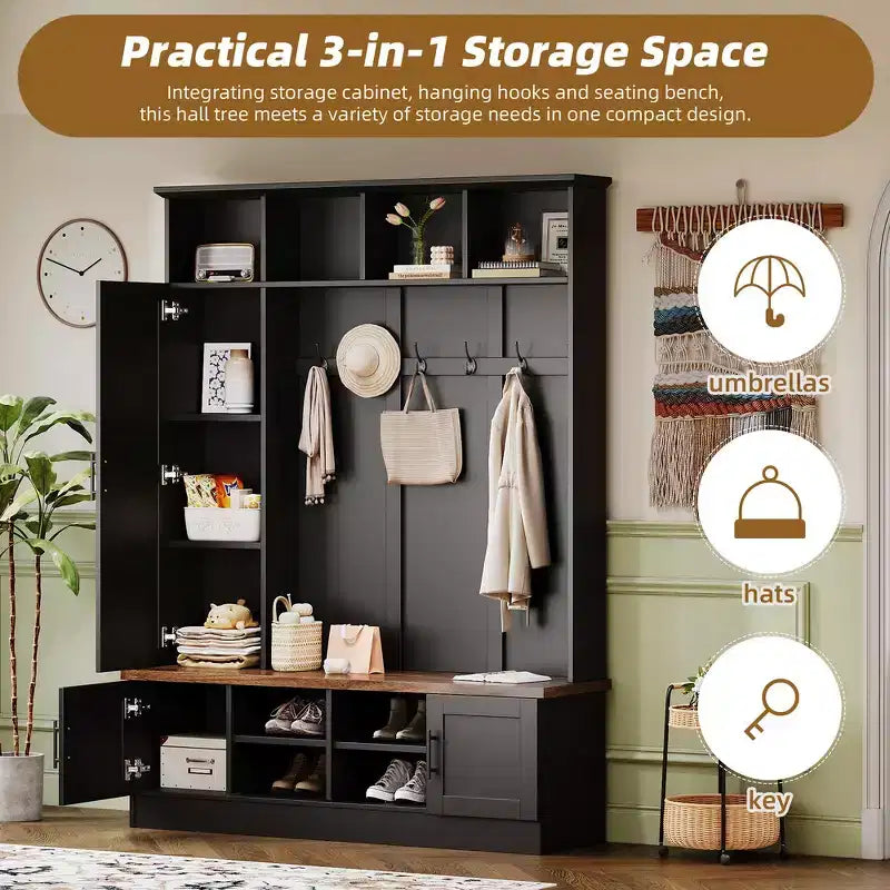 Whisen Attaccapanni Versatile 3-in-1 con 6 Ganci, Panchina Contenitore Rustica Noce con Ripiani Regolabili