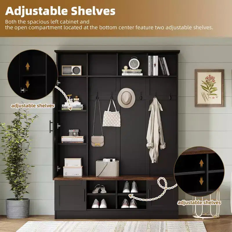 Whisen Attaccapanni Versatile 3-in-1 con 6 Ganci, Panchina Contenitore Rustica Noce con Ripiani Regolabili