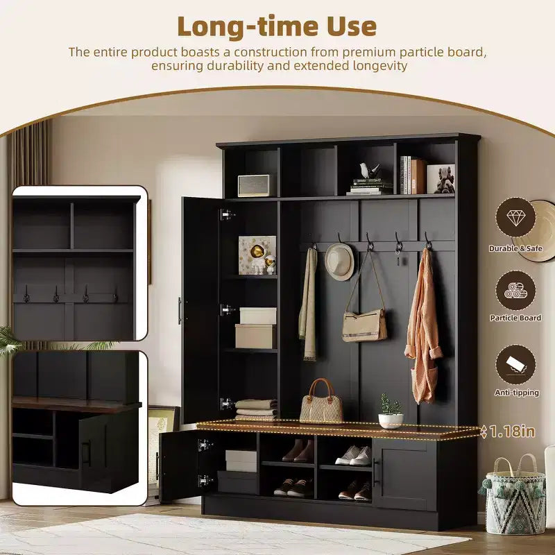 Whisen Attaccapanni Versatile 3-in-1 con 6 Ganci, Panchina Contenitore Rustica Noce con Ripiani Regolabili
