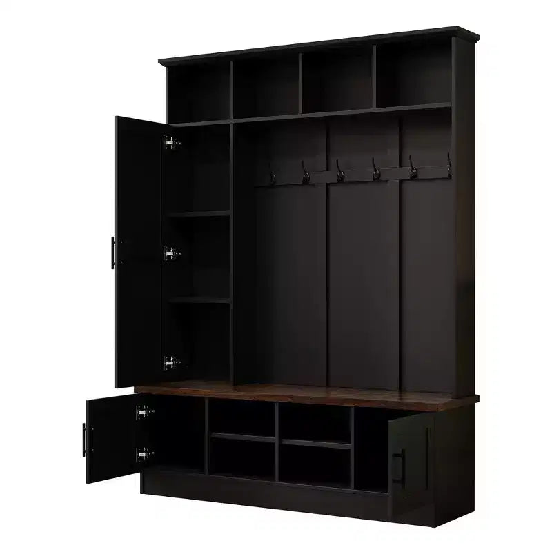Whisen Attaccapanni Versatile 3-in-1 con 6 Ganci, Panchina Contenitore Rustica Noce con Ripiani Regolabili