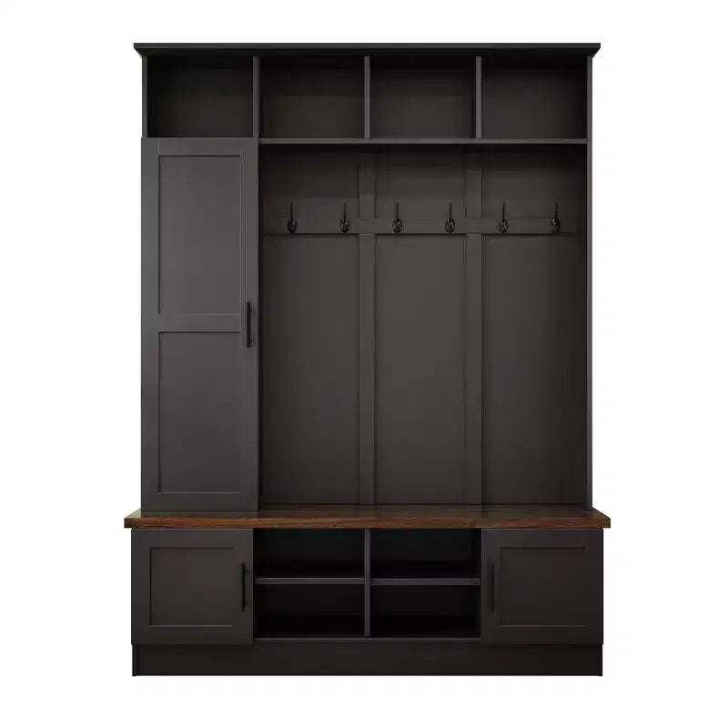Whisen Attaccapanni Versatile 3-in-1 con 6 Ganci, Panchina Contenitore Rustica Noce con Ripiani Regolabili