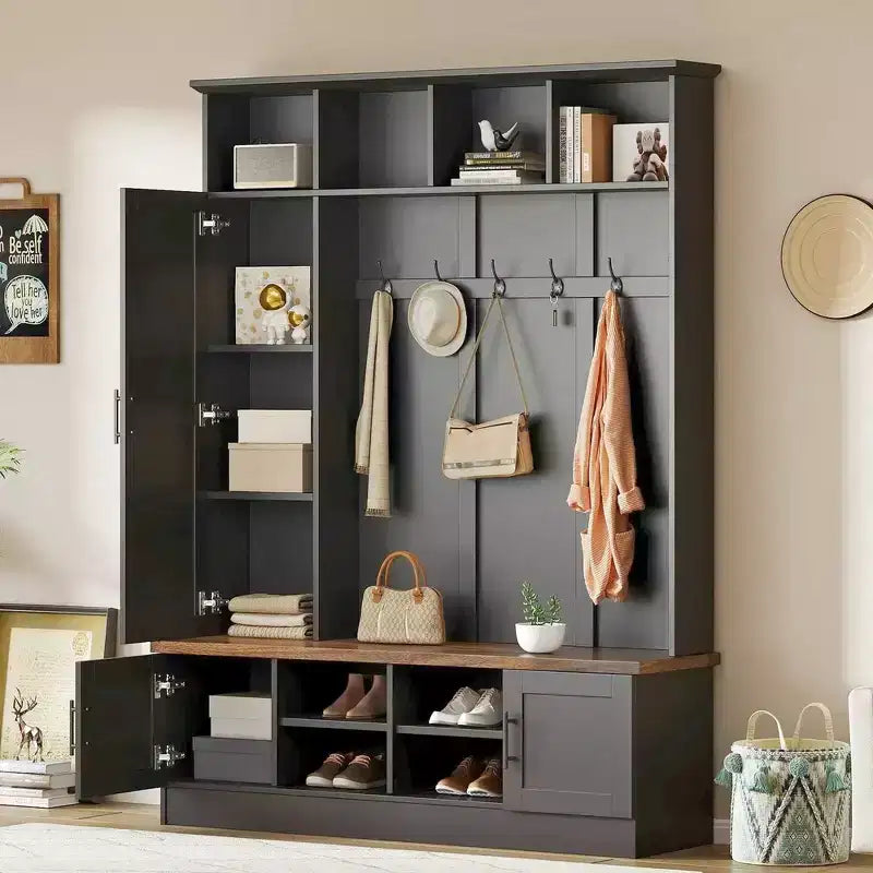 Whisen Versatile 3-in-1 Hall Tree with 6 Hooks, Farmhouse Walnut Storage Bench with Adjustable Shelves