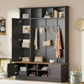 Whisen Versatile 3-in-1 Hall Tree with 6 Hooks, Farmhouse Walnut Storage Bench with Adjustable Shelves