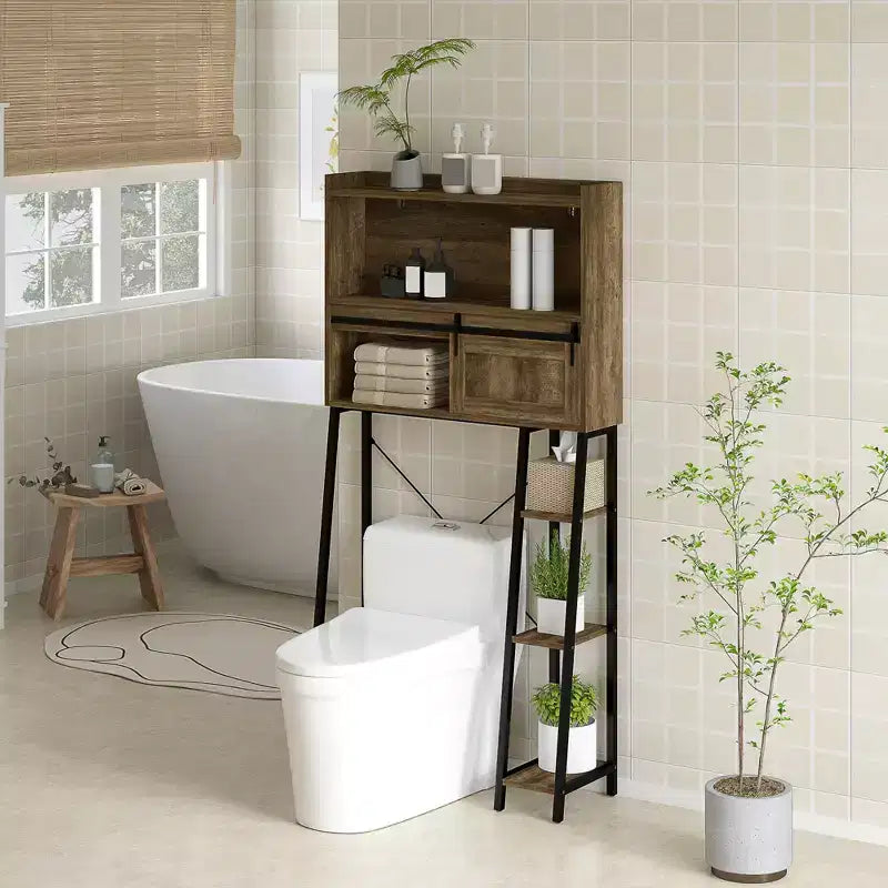 HOMCOM Mobiletto sopra WC, Organizer da Bagno sopra WC con Anta Scorrevole, 3 Scomparti e 4 Ripiani Aperti
