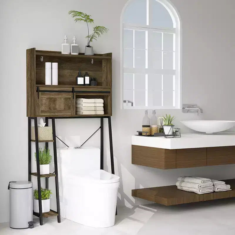 HOMCOM Mobiletto sopra WC, Organizer da Bagno sopra WC con Anta Scorrevole, 3 Scomparti e 4 Ripiani Aperti