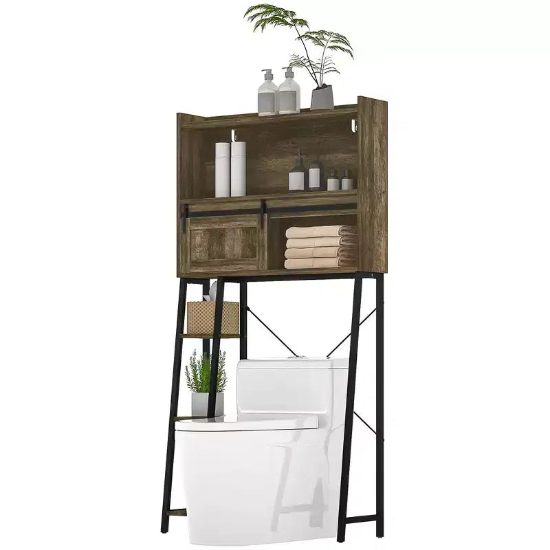 HOMCOM Mobiletto sopra WC, Organizer da Bagno sopra WC con Anta Scorrevole, 3 Scomparti e 4 Ripiani Aperti
