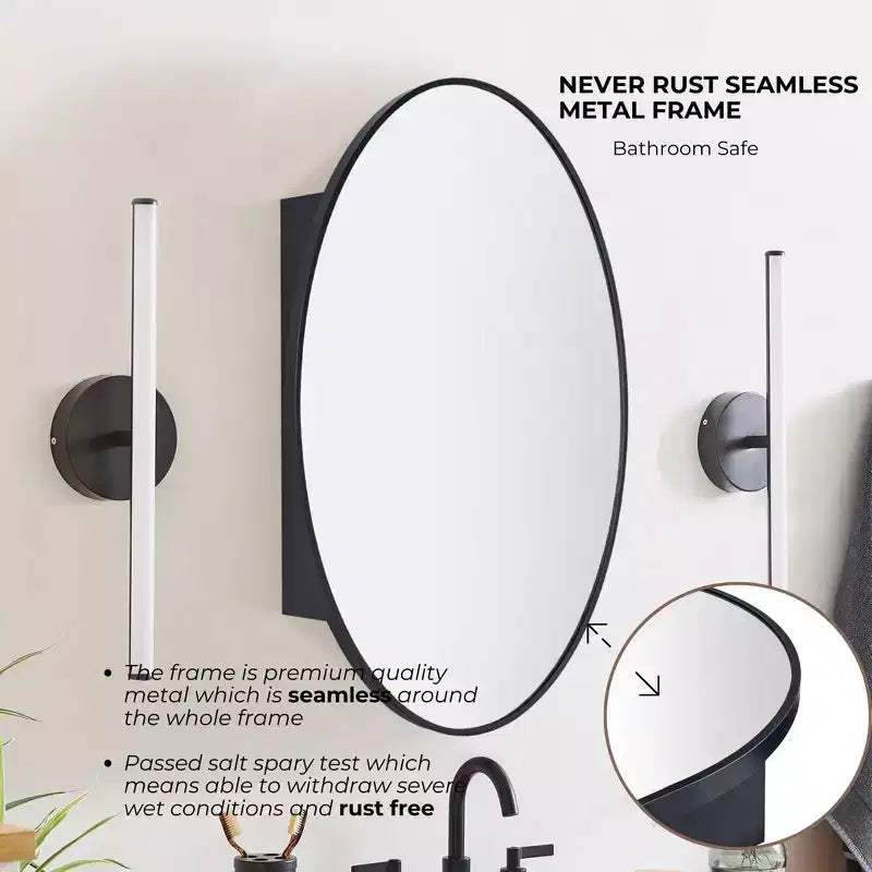 TEHOME Pensile con specchio da bagno ovale nero in cedro a montaggio superficiale, armadietto da bagno ovale con struttura in metallo 20x30''