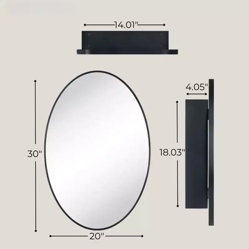 TEHOME Pensile con specchio da bagno ovale nero in cedro a montaggio superficiale, armadietto da bagno ovale con struttura in metallo 20x30''