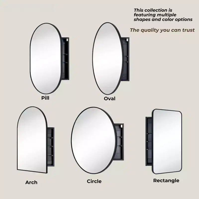 TEHOME Pensile con specchio da bagno ovale nero in cedro a montaggio superficiale, armadietto da bagno ovale con struttura in metallo 20x30''