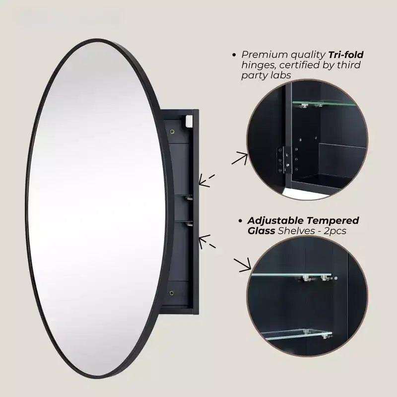 TEHOME Pensile con specchio da bagno ovale nero in cedro a montaggio superficiale, armadietto da bagno ovale con struttura in metallo 20x30''