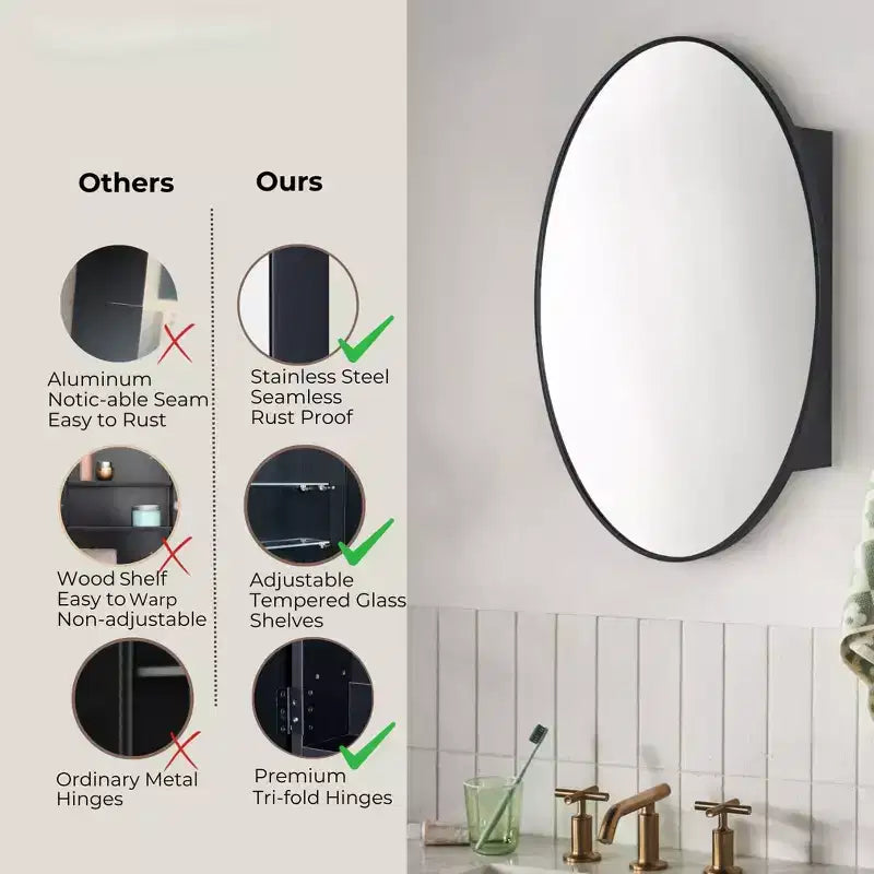 TEHOME Pensile con specchio da bagno ovale nero in cedro a montaggio superficiale, armadietto da bagno ovale con struttura in metallo 20x30''