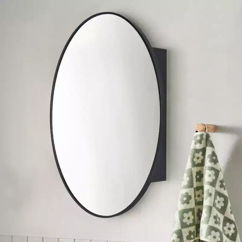 TEHOME Pensile con specchio da bagno ovale nero in cedro a montaggio superficiale, armadietto da bagno ovale con struttura in metallo 20x30''