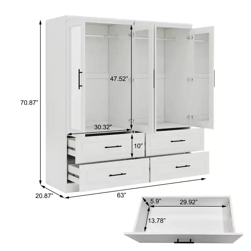 Keloyid Armadio in Legno Bianco da 63 pollici con 4 Cassetti e 4 Ante