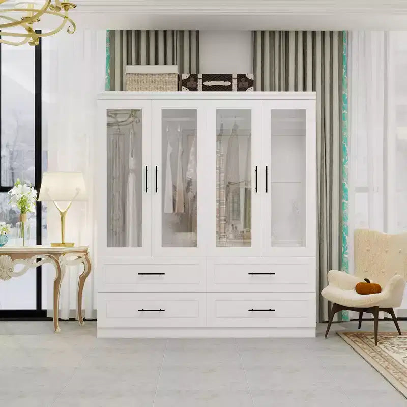 Keloyid Armadio in Legno Bianco da 63 pollici con 4 Cassetti e 4 Ante