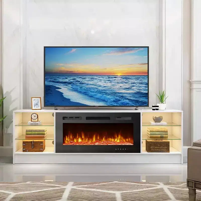 EROMMY 36'' Electric Fireplace TV Stand, Entertainment Center & TV Console for TVs up to 80'', Modern Fireplace Heater for Living Room - White