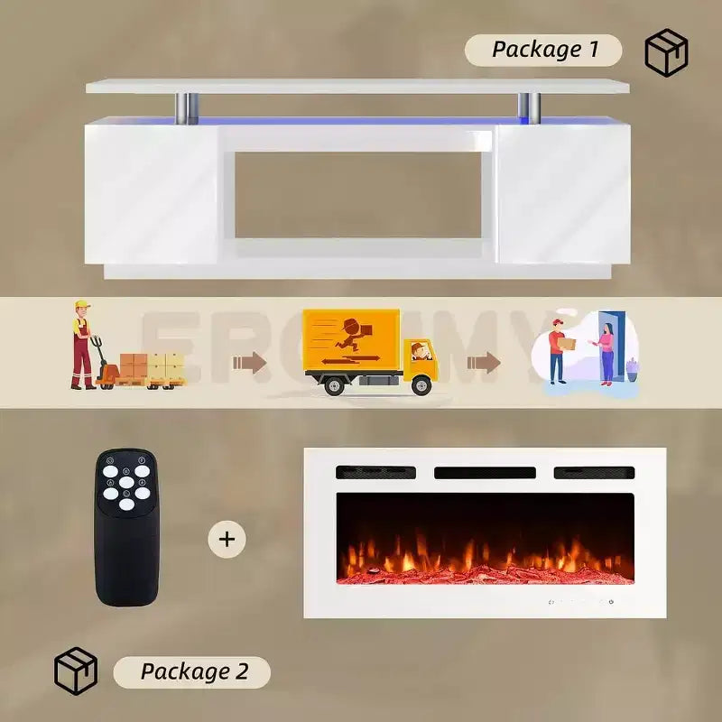 EROMMY Mobile TV 36" con caminetto elettrico, centro di intrattenimento e console TV per televisori fino a 80", stufa moderna per soggiorno - Bianco