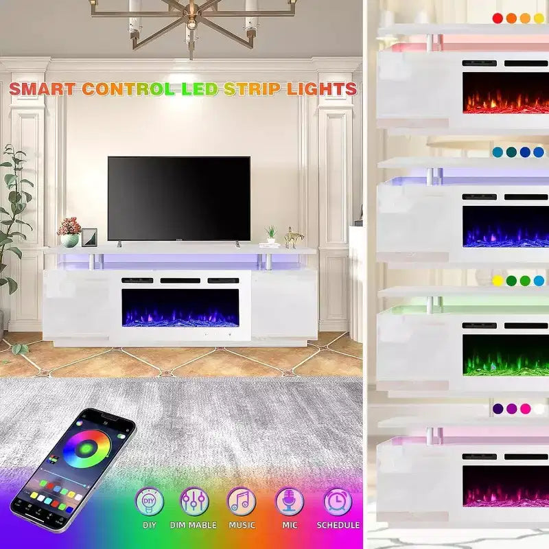 EROMMY Mobile TV 36" con caminetto elettrico, centro di intrattenimento e console TV per televisori fino a 80", stufa moderna per soggiorno - Bianco
