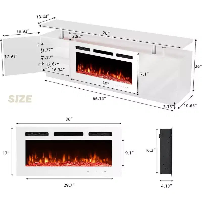 EROMMY Mobile TV 36" con caminetto elettrico, centro di intrattenimento e console TV per televisori fino a 80", stufa moderna per soggiorno - Bianco