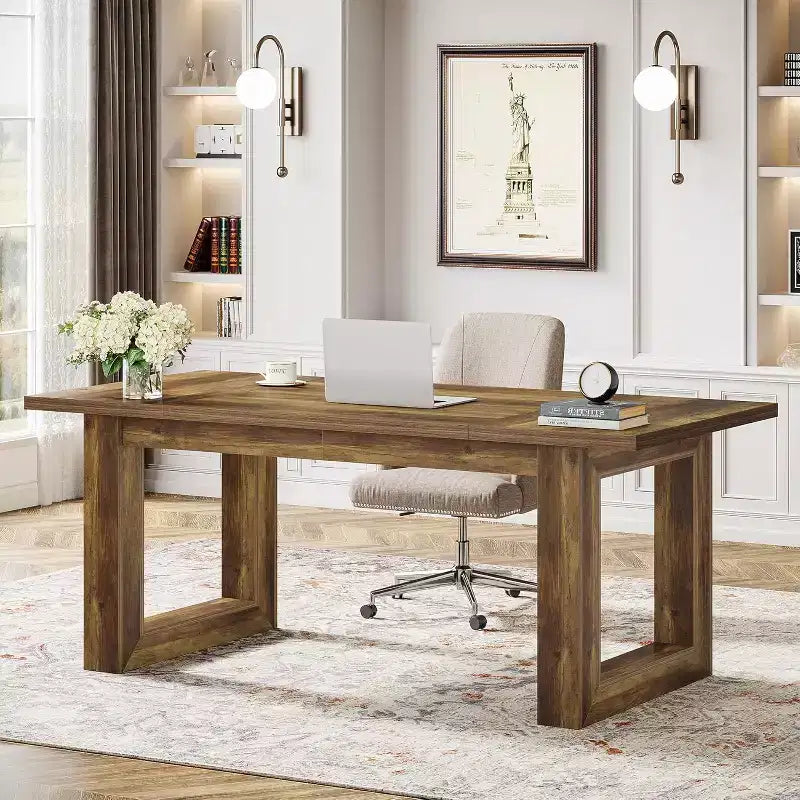 Lantine Scrivania Direzionale per Computer da 160 cm, Tavolo da Scrittura Industriale con Base in Legno Massello per Ufficio Casa