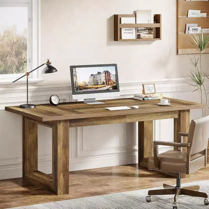 Lantine Scrivania Direzionale per Computer da 160 cm, Tavolo da Scrittura Industriale con Base in Legno Massello per Ufficio Casa