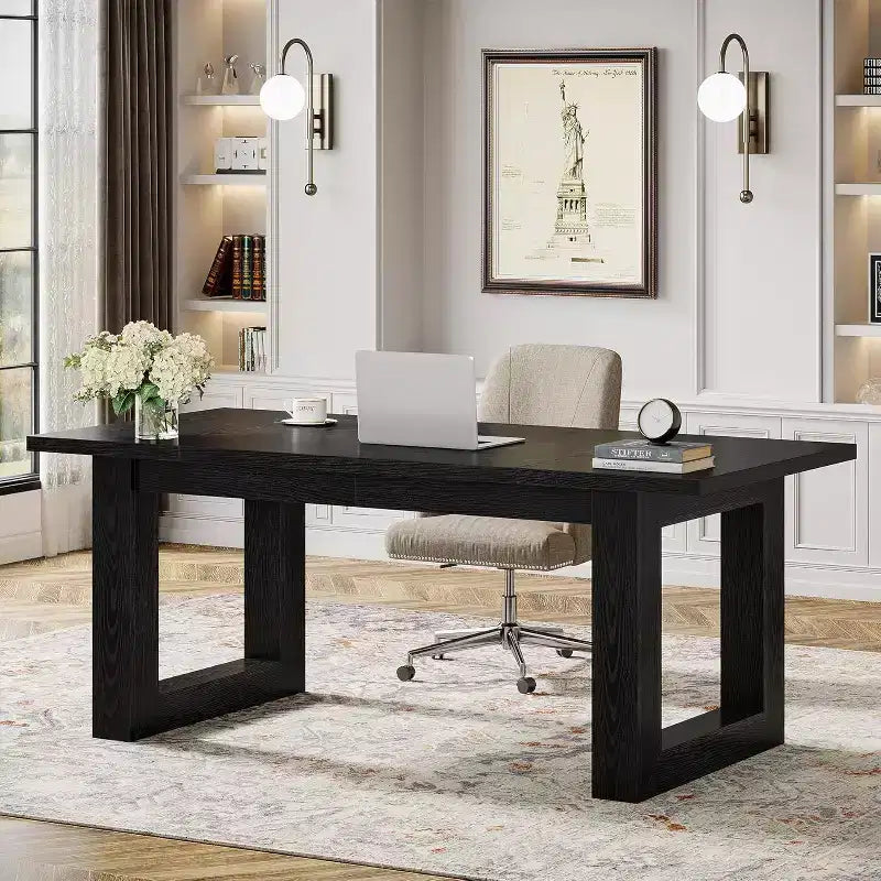 Lantine Scrivania Direzionale per Computer da 160 cm, Tavolo da Scrittura Industriale con Base in Legno Massello per Ufficio Casa