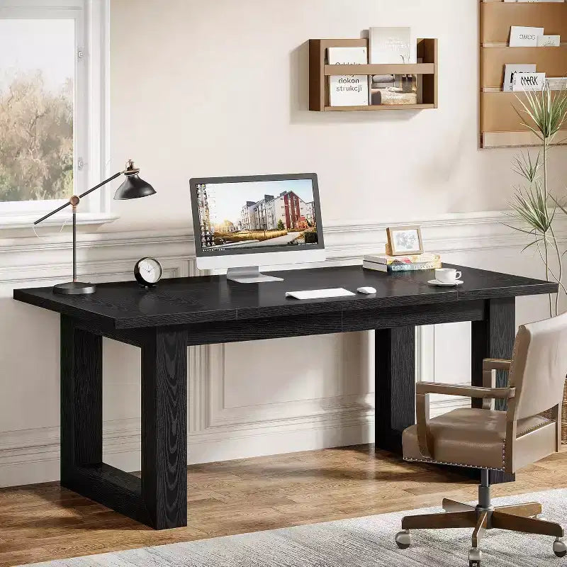 Lantine Scrivania Direzionale per Computer da 160 cm, Tavolo da Scrittura Industriale con Base in Legno Massello per Ufficio Casa