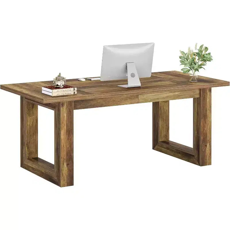 Lantine 63-Inch Executive Computer Desk, Industrial Writing Table with Solid Wooden Base for Home Office