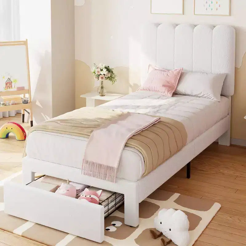 Twin Bed Frame with Storage Drawer and Headboard, Velvet Upholstered Twin Platform Bed Frame for Girls, Strong Wooden Slats Support, Noise-Free