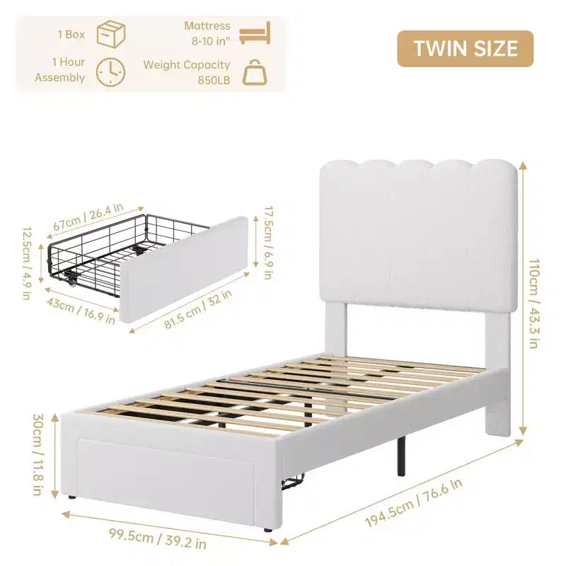 Struttura letto singolo con cassetto contenitore e testiera, struttura letto singolo in velluto imbottito per ragazze, robusto supporto a doghe in legno, silenzioso
