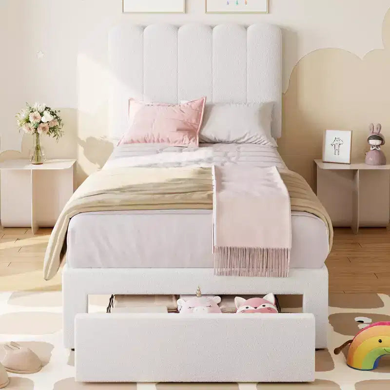 Struttura letto singolo con cassetto contenitore e testiera, struttura letto singolo in velluto imbottito per ragazze, robusto supporto a doghe in legno, silenzioso