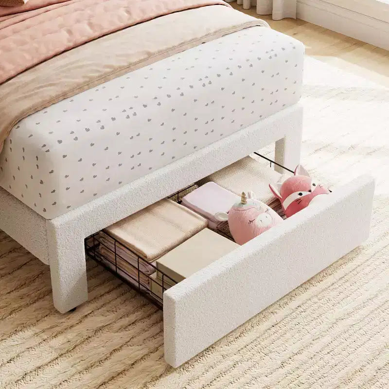 Struttura letto singolo con cassetto contenitore e testiera, struttura letto singolo in velluto imbottito per ragazze, robusto supporto a doghe in legno, silenzioso