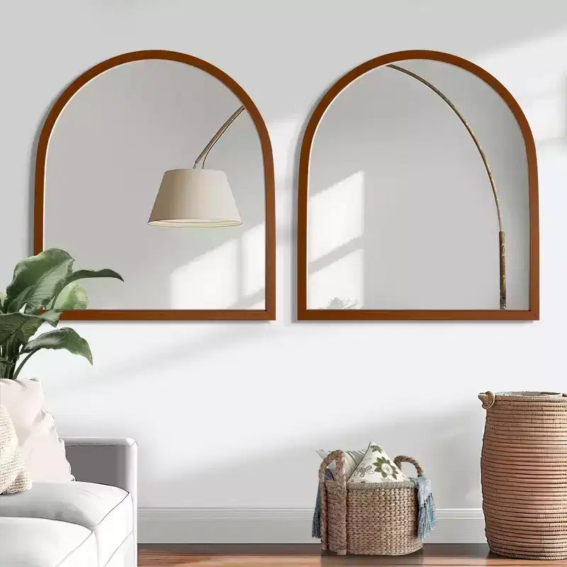 Solid Wood Straight Edge Right Angle Arch Walnut Color Hanging Mirror - 90x80x2 cm (Double-sided Mounting)