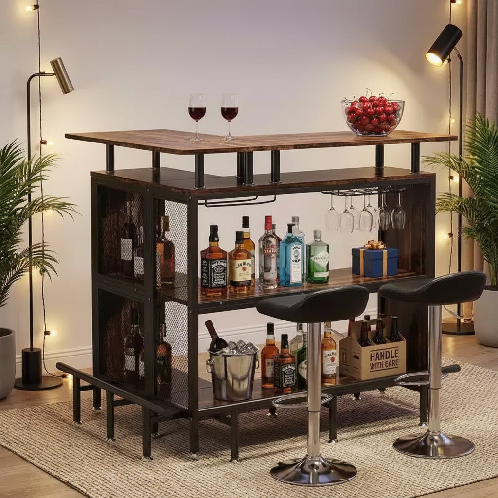 MAYEERTY L-Shape Corner Home Bar Cabinet, Metal & E1 MDF Liquor Storage with 12 Wine Glass Racks & Footrest, Metal Mesh Bottle Guard