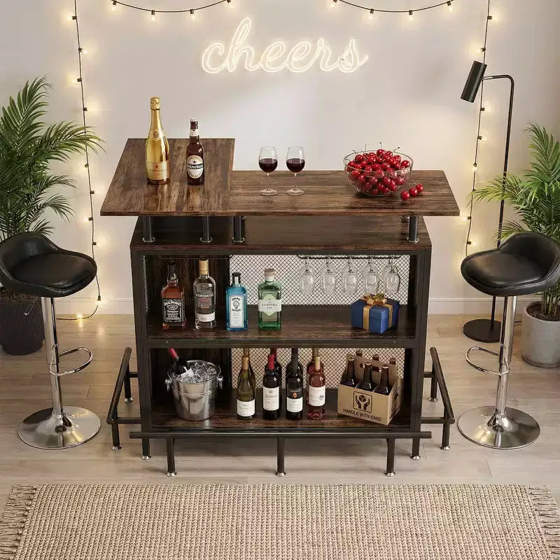 Mobile bar ad angolo a forma di L con portabicchieri e poggiapiedi