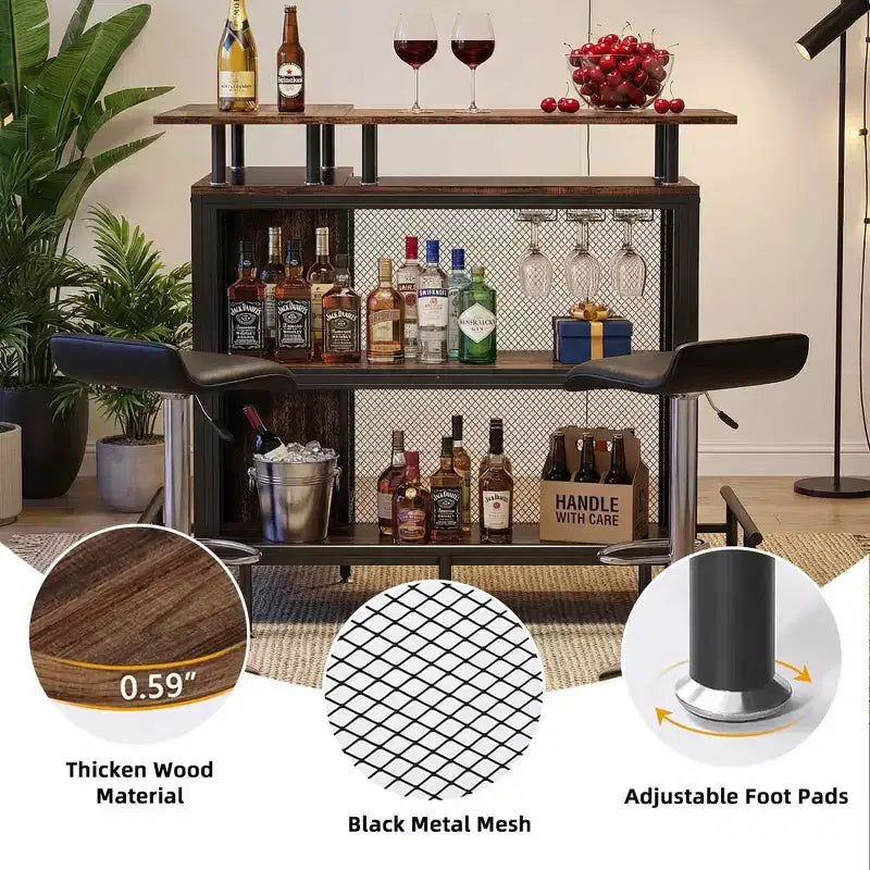 Mobile bar ad angolo a forma di L con portabicchieri e poggiapiedi