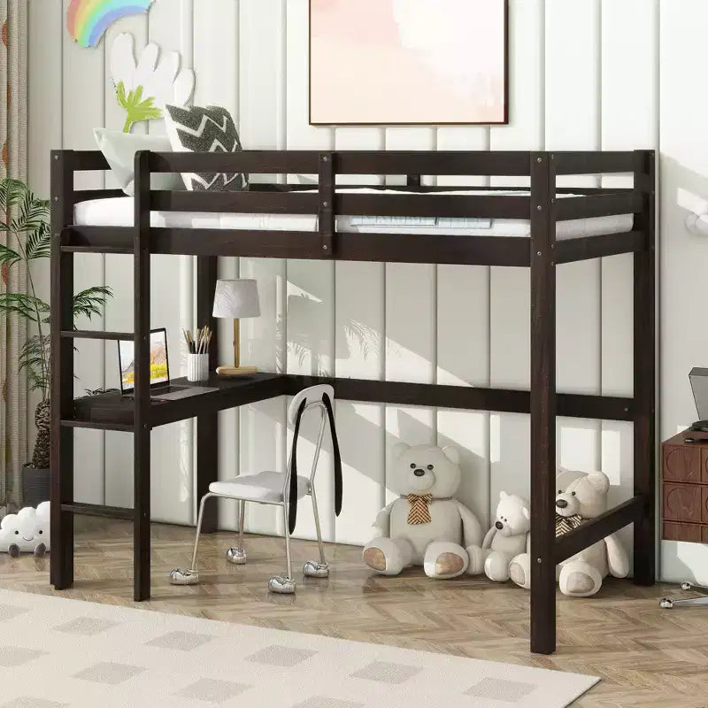 Letto a soppalco singolo con scrivania integrata, sponde di sicurezza e scaletta – Marrone