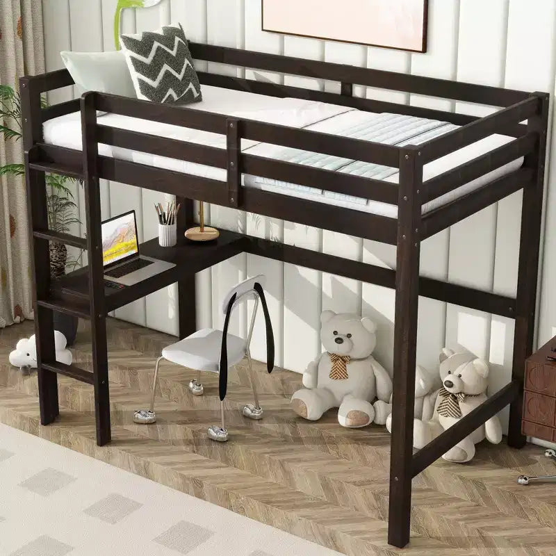 Letto a soppalco singolo con scrivania integrata, sponde di sicurezza e scaletta – Marrone
