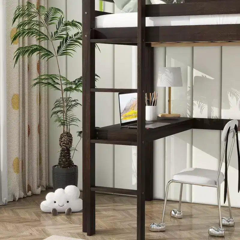 Letto a soppalco singolo con scrivania integrata, sponde di sicurezza e scaletta – Marrone