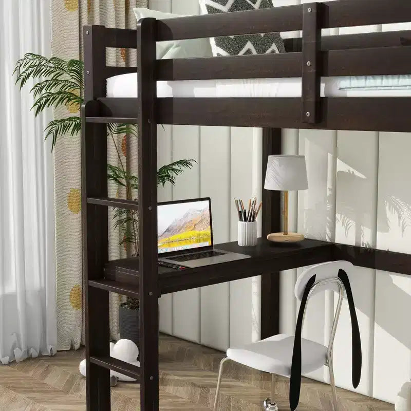 Letto a soppalco singolo con scrivania integrata, sponde di sicurezza e scaletta – Marrone
