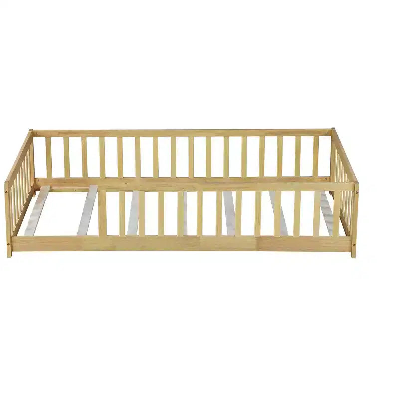 Letto a Castello Basso con Recinzione e Sponde – Legno di Caucciù, Beige