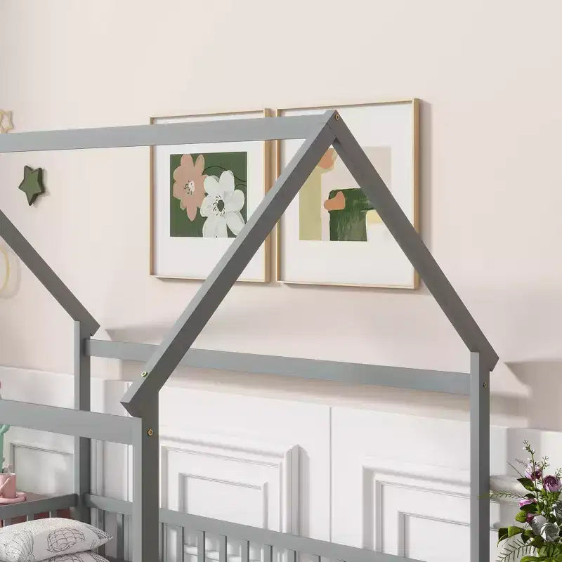 Letto a pavimento in legno con sponde di sicurezza – Grigio