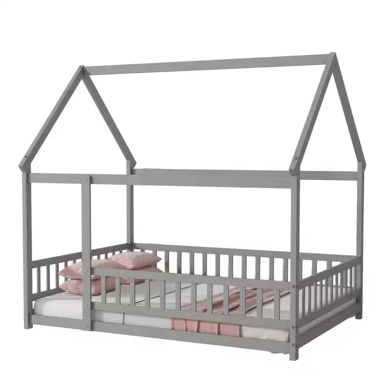 Letto a pavimento in legno con sponde di sicurezza – Grigio