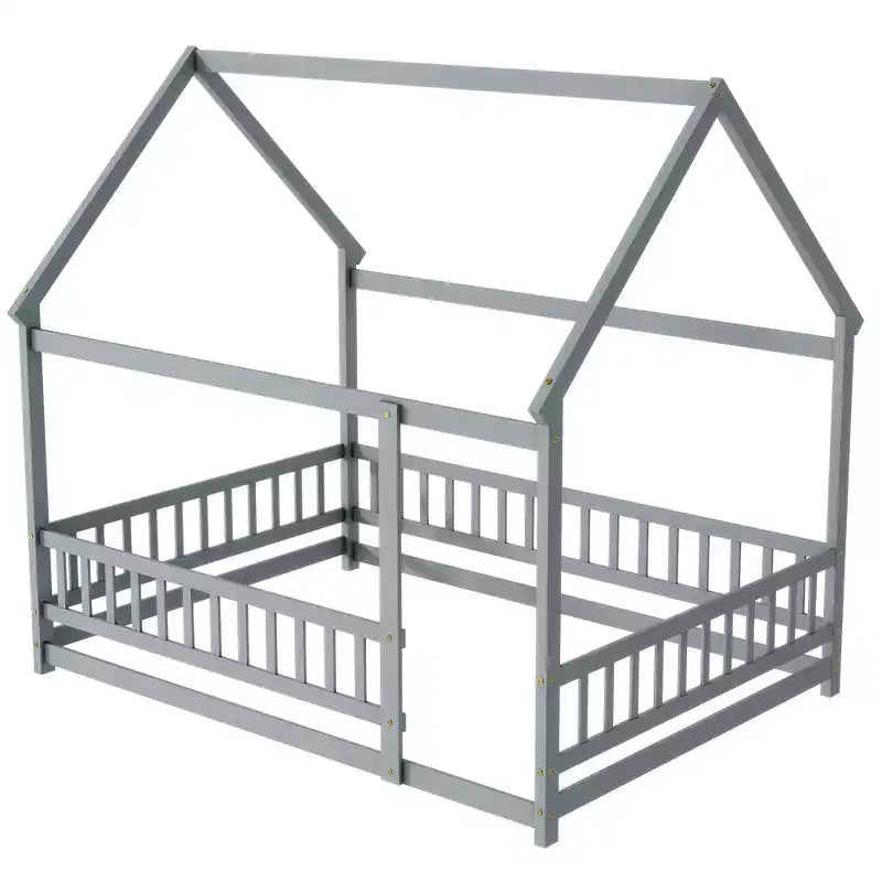 Letto a pavimento in legno con sponde di sicurezza – Grigio