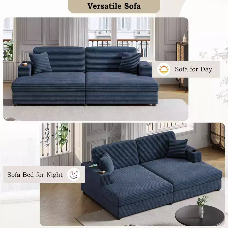 Divano componibile oversize da 220 cm con chaise longue, porte USB e portabicchieri