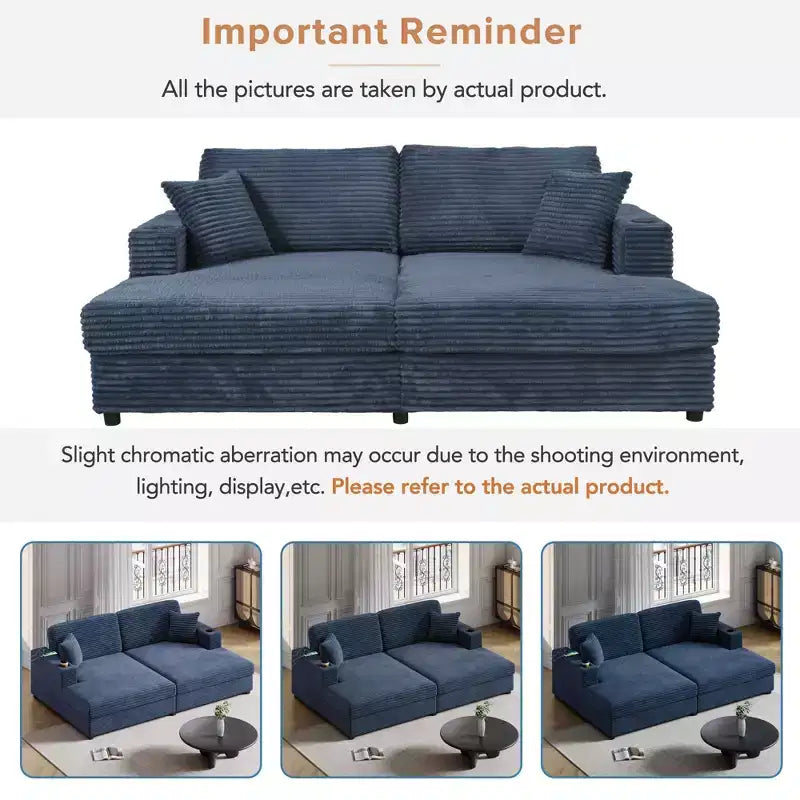 Divano componibile oversize da 220 cm con chaise longue, porte USB e portabicchieri