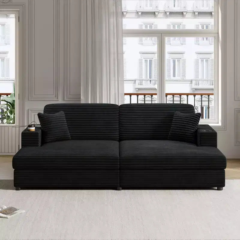 Divano componibile oversize da 220 cm con chaise longue, porte USB e portabicchieri