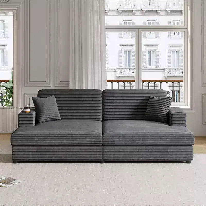 Divano componibile oversize da 220 cm con chaise longue, porte USB e portabicchieri