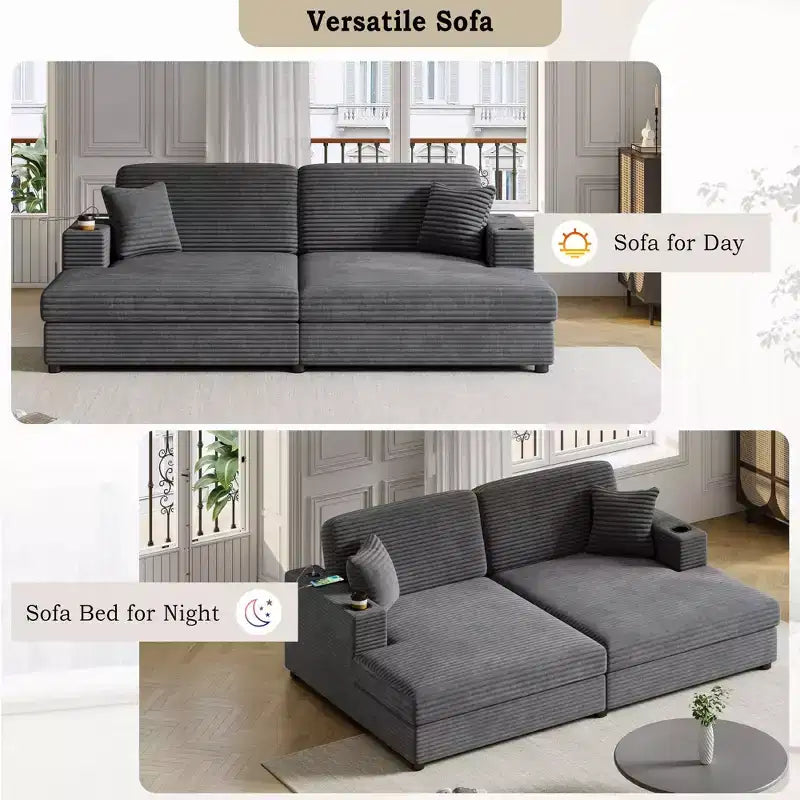 Divano componibile oversize da 220 cm con chaise longue, porte USB e portabicchieri